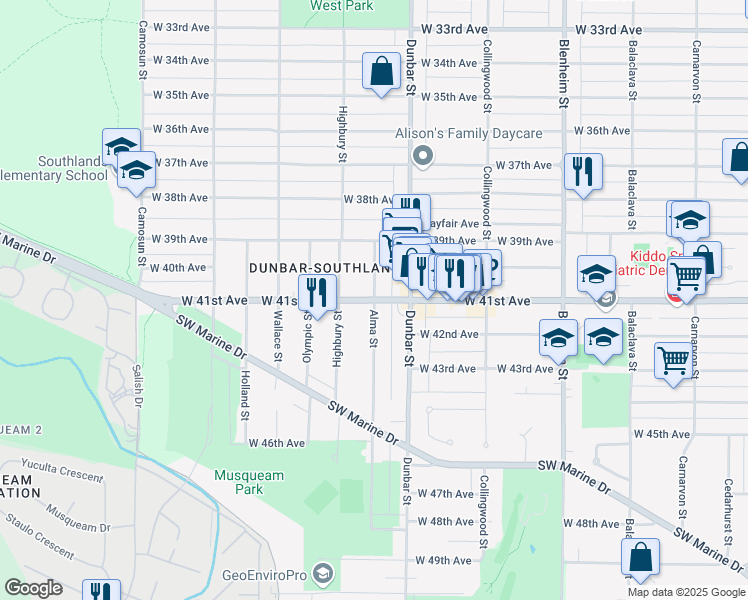 map of restaurants, bars, coffee shops, grocery stores, and more near W 41st Ave & Alma St in Vancouver