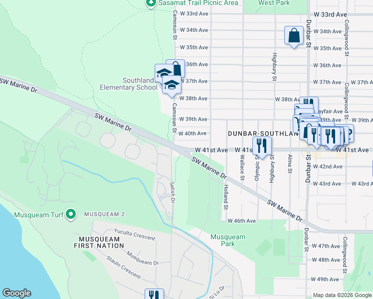 map of restaurants, bars, coffee shops, grocery stores, and more near 4059 West 41st Avenue in Vancouver
