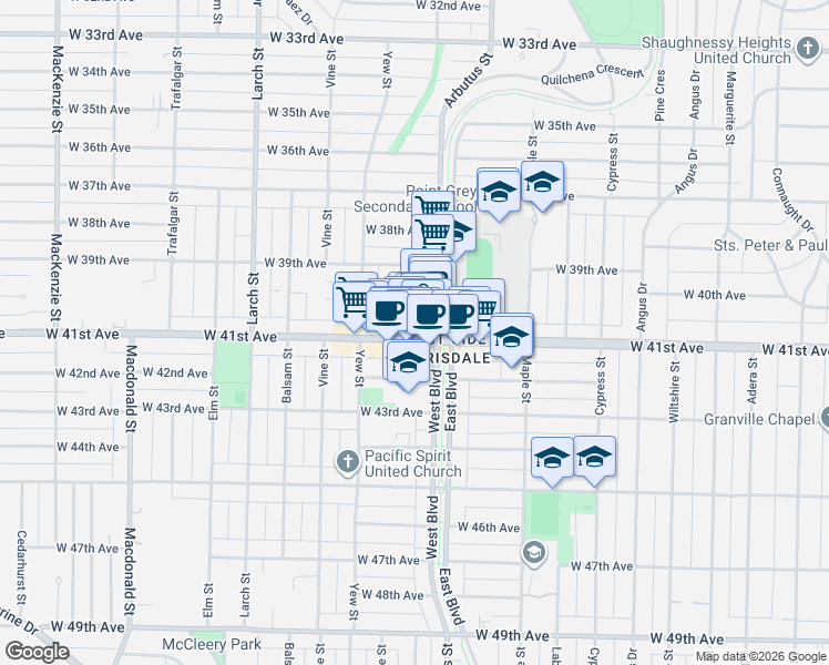 map of restaurants, bars, coffee shops, grocery stores, and more near 2129 West 41st Avenue in Vancouver