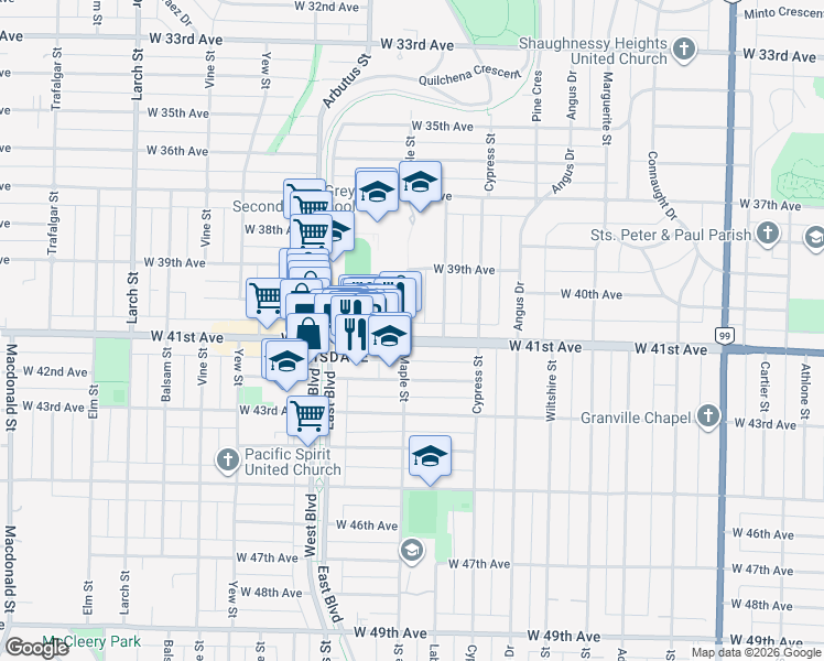 map of restaurants, bars, coffee shops, grocery stores, and more near in Vancouver