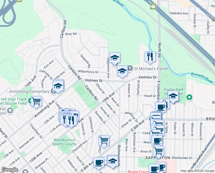 map of restaurants, bars, coffee shops, grocery stores, and more near 7749 Lee Street in Burnaby