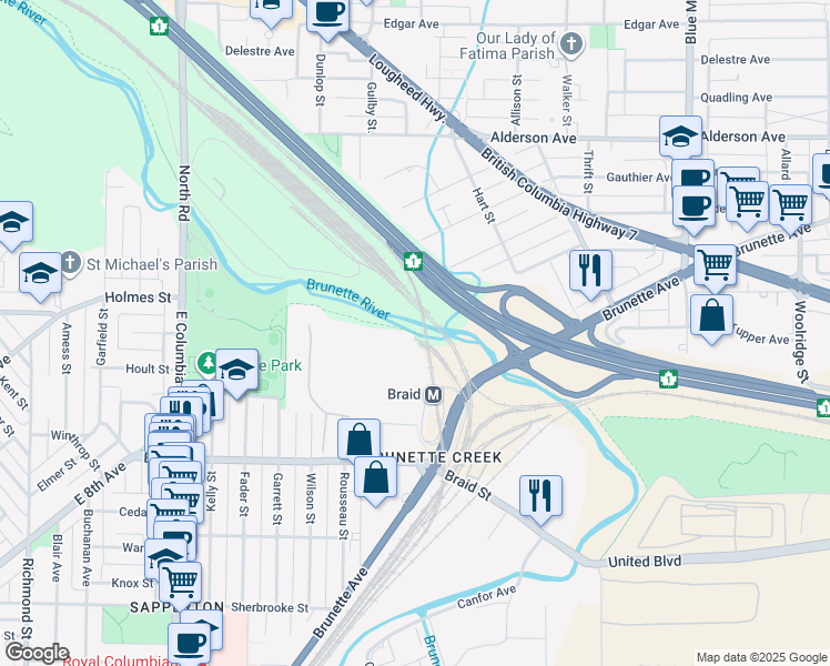 map of restaurants, bars, coffee shops, grocery stores, and more near Central Valley Greenway in Coquitlam