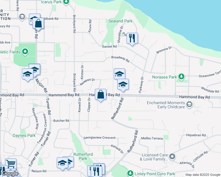 map of restaurants, bars, coffee shops, grocery stores, and more near 5909 Beacon Place in Nanaimo