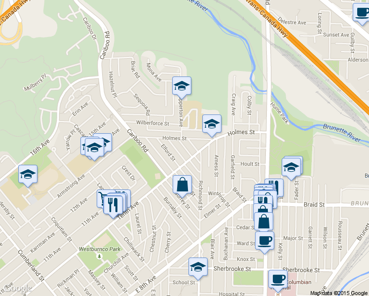 map of restaurants, bars, coffee shops, grocery stores, and more near 7757 Lee Street in Burnaby