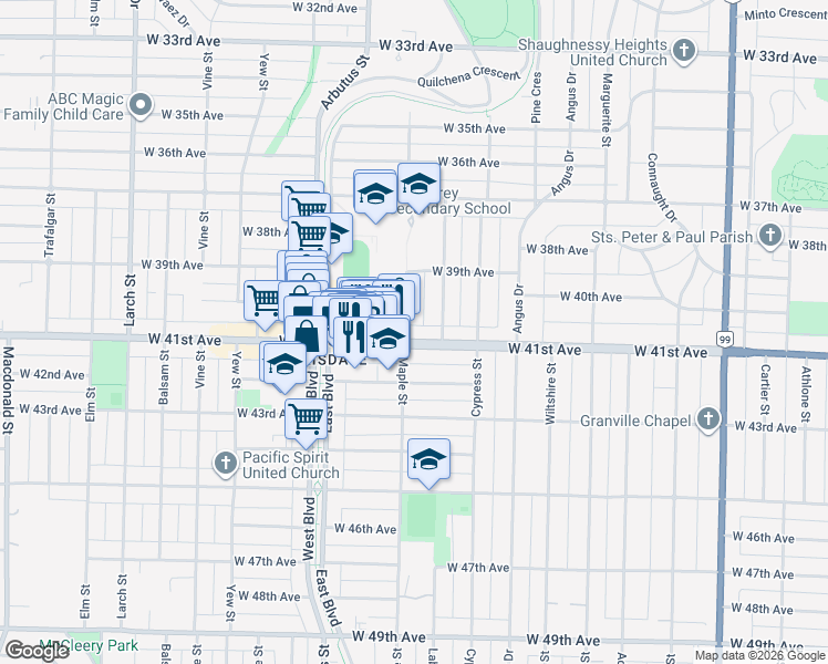 map of restaurants, bars, coffee shops, grocery stores, and more near in Vancouver