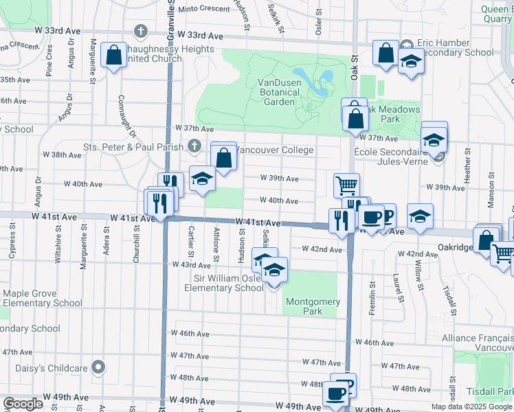 map of restaurants, bars, coffee shops, grocery stores, and more near 1268 West 40th Avenue in Vancouver