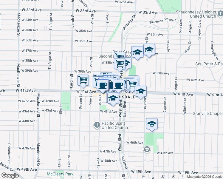 map of restaurants, bars, coffee shops, grocery stores, and more near in Vancouver