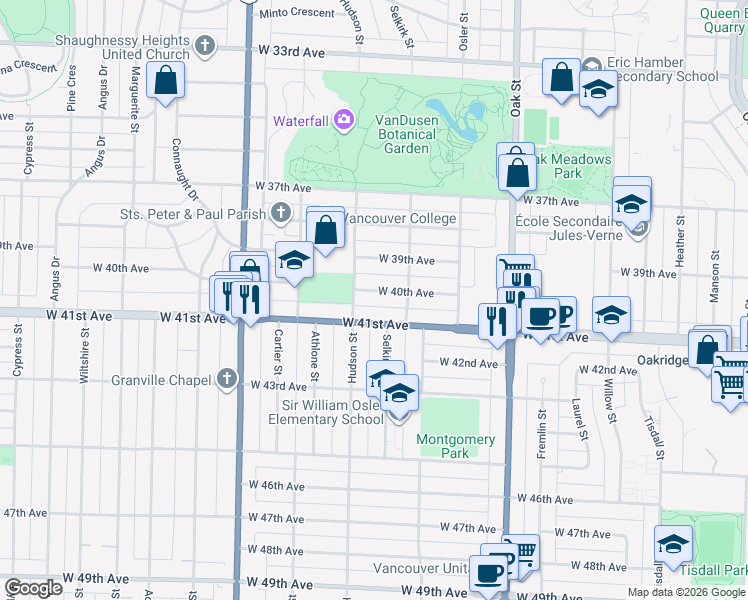 map of restaurants, bars, coffee shops, grocery stores, and more near 1268 West 40th Avenue in Vancouver