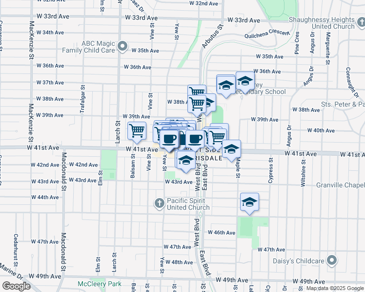 map of restaurants, bars, coffee shops, grocery stores, and more near in Vancouver