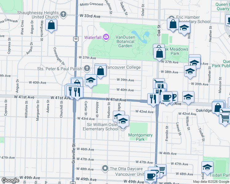 map of restaurants, bars, coffee shops, grocery stores, and more near 1268 West 40th Avenue in Vancouver