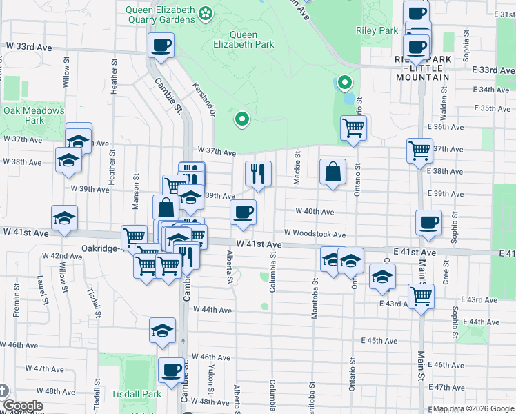 map of restaurants, bars, coffee shops, grocery stores, and more near in Vancouver