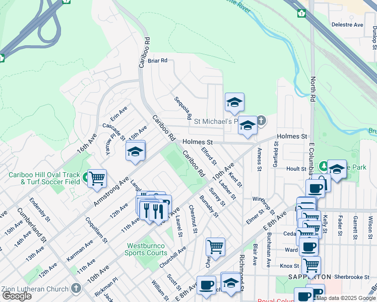 map of restaurants, bars, coffee shops, grocery stores, and more near 7746 Cariboo Road in Burnaby