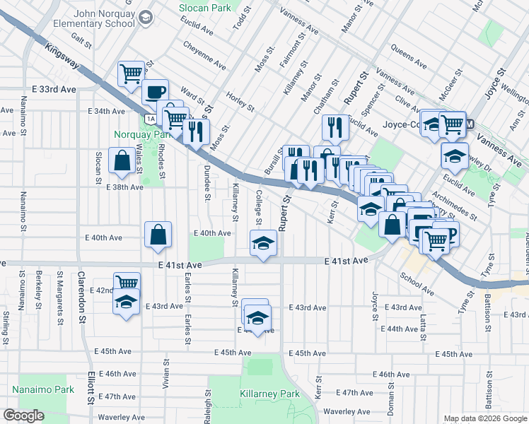 map of restaurants, bars, coffee shops, grocery stores, and more near 5514 College Street in Vancouver