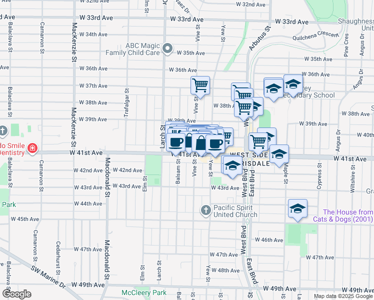 map of restaurants, bars, coffee shops, grocery stores, and more near 2336 West 41st Avenue in Vancouver