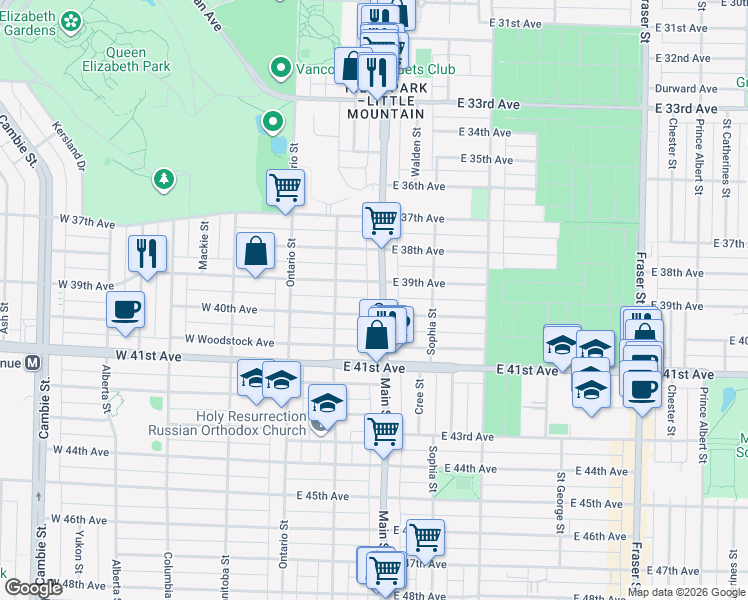 map of restaurants, bars, coffee shops, grocery stores, and more near 5575 Main Street in Vancouver