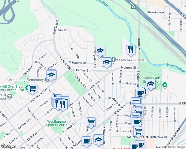 map of restaurants, bars, coffee shops, grocery stores, and more near 7739 Lee Street in Burnaby