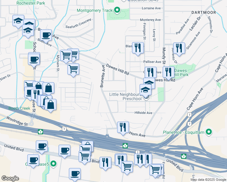 map of restaurants, bars, coffee shops, grocery stores, and more near Wiltshire Avenue in Coquitlam