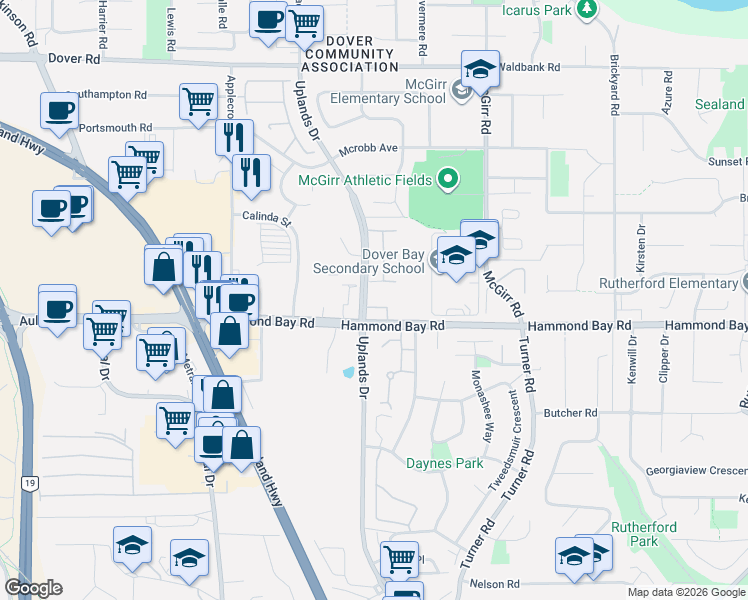 map of restaurants, bars, coffee shops, grocery stores, and more near 6040 Leah Lane in Nanaimo
