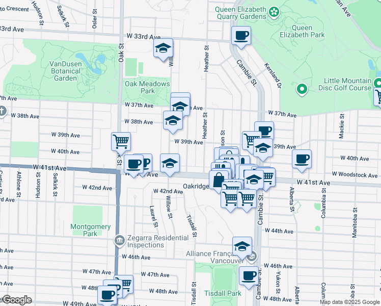map of restaurants, bars, coffee shops, grocery stores, and more near 5570 Baillie Street in Vancouver