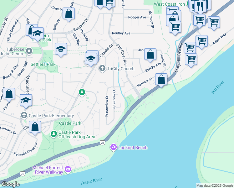 map of restaurants, bars, coffee shops, grocery stores, and more near 2025 Poel Place in Port Coquitlam