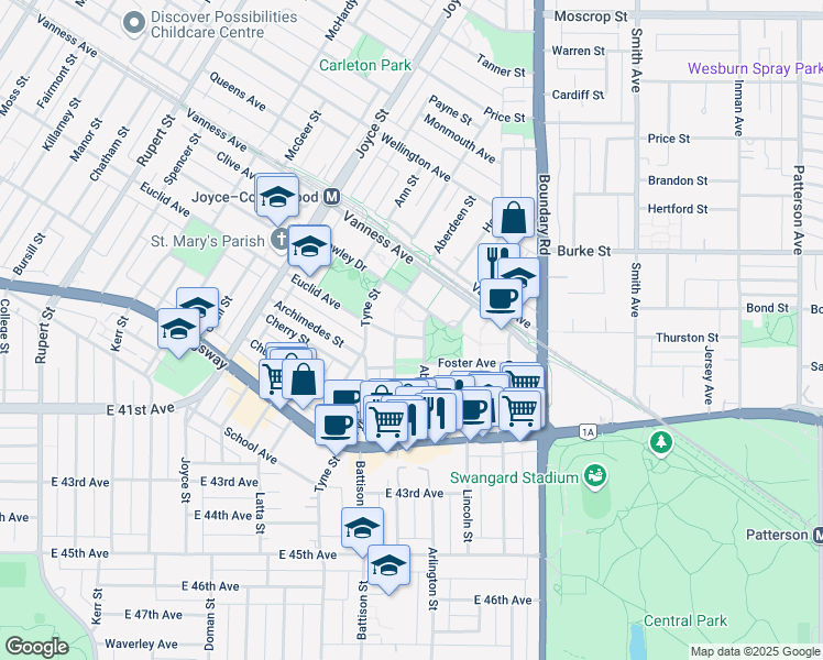 map of restaurants, bars, coffee shops, grocery stores, and more near 3575 Euclid Avenue in Vancouver
