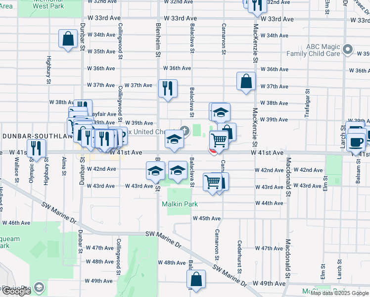 map of restaurants, bars, coffee shops, grocery stores, and more near West 41st Avenue in Vancouver