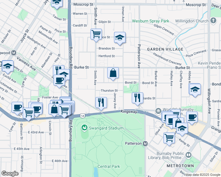 map of restaurants, bars, coffee shops, grocery stores, and more near 3925 Thurston Street in Burnaby