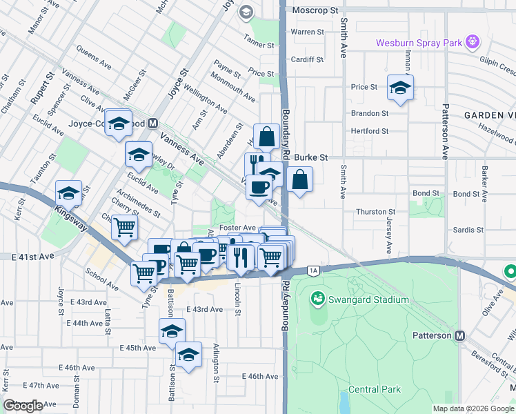 map of restaurants, bars, coffee shops, grocery stores, and more near 3660 Vanness Avenue in Vancouver