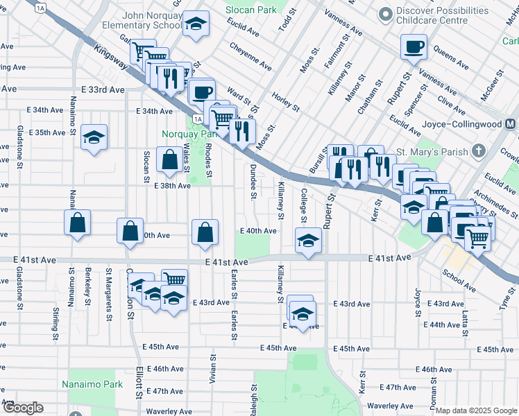 map of restaurants, bars, coffee shops, grocery stores, and more near 5474 Dundee Street in Vancouver