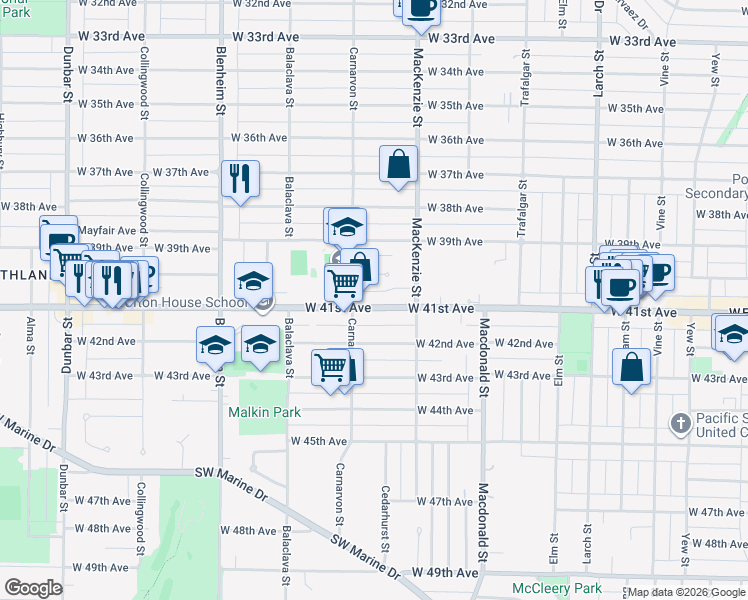 map of restaurants, bars, coffee shops, grocery stores, and more near 2969 West 41st Avenue in Vancouver