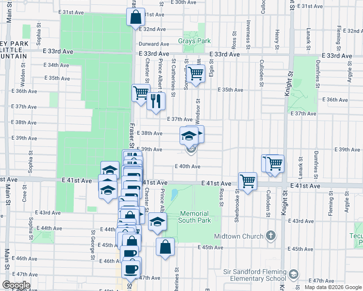 map of restaurants, bars, coffee shops, grocery stores, and more near 919 East 39th Avenue in Vancouver