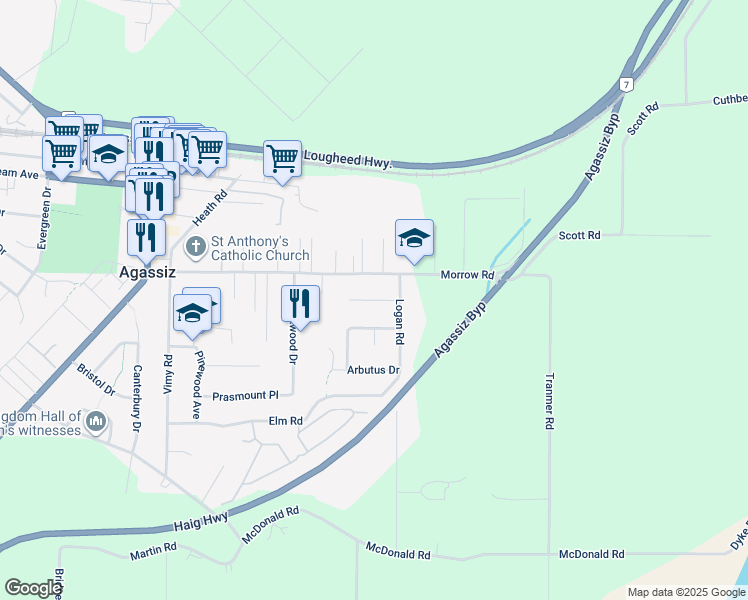 map of restaurants, bars, coffee shops, grocery stores, and more near Laurel Place in Agassiz