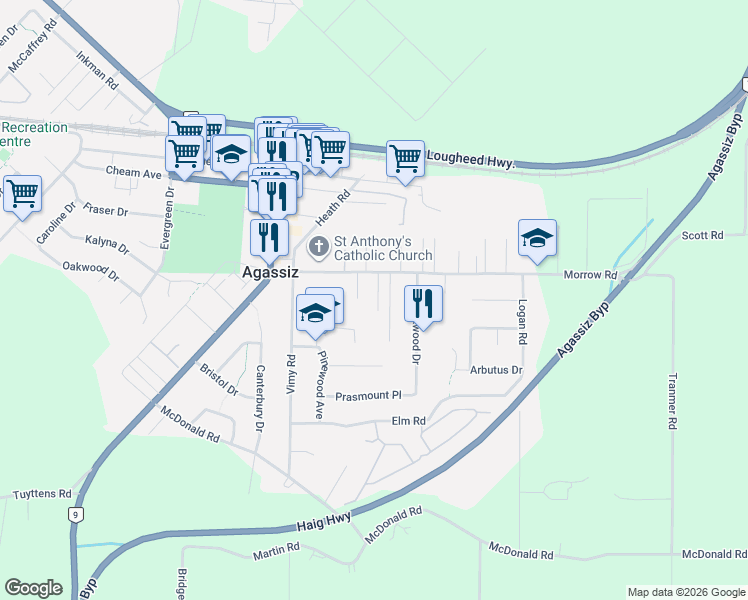 map of restaurants, bars, coffee shops, grocery stores, and more near 7285 McCullough Road in Agassiz