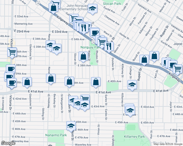map of restaurants, bars, coffee shops, grocery stores, and more near 5482 Wales Street in Vancouver