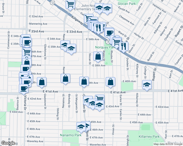 map of restaurants, bars, coffee shops, grocery stores, and more near 5480 Slocan Street in Vancouver
