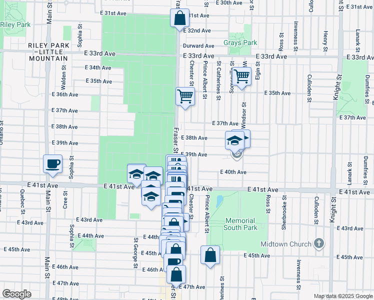 map of restaurants, bars, coffee shops, grocery stores, and more near 727 East 39th Avenue in Vancouver