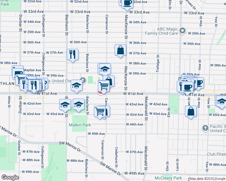 map of restaurants, bars, coffee shops, grocery stores, and more near 2969 West 41st Avenue in Vancouver