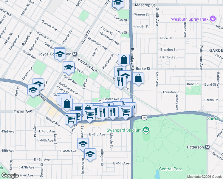 map of restaurants, bars, coffee shops, grocery stores, and more near 5380 Oben Street in Vancouver