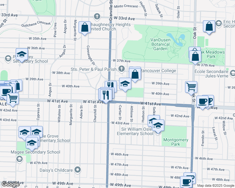 map of restaurants, bars, coffee shops, grocery stores, and more near 1450 West 40th Avenue in Vancouver