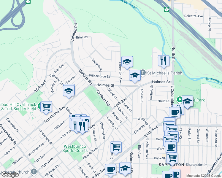 map of restaurants, bars, coffee shops, grocery stores, and more near 7722 Elford Street in Burnaby