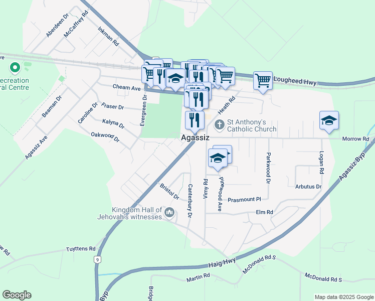 map of restaurants, bars, coffee shops, grocery stores, and more near 1656 Agassiz-Rosedale Highway in Agassiz