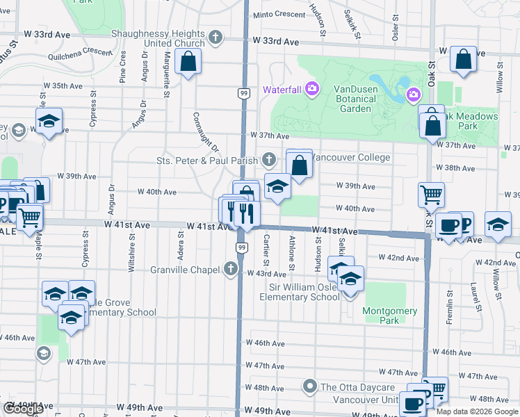 map of restaurants, bars, coffee shops, grocery stores, and more near 1450 West 40th Avenue in Vancouver