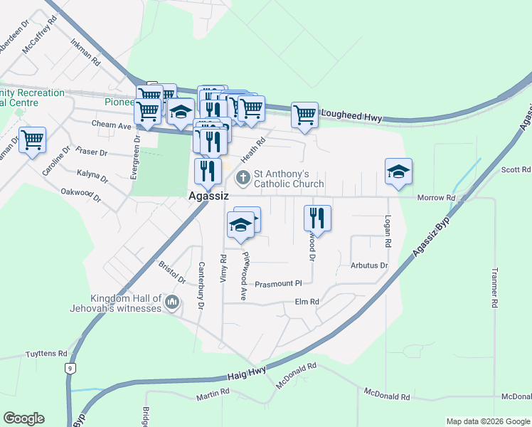 map of restaurants, bars, coffee shops, grocery stores, and more near 1653 Rosevale Street in Agassiz