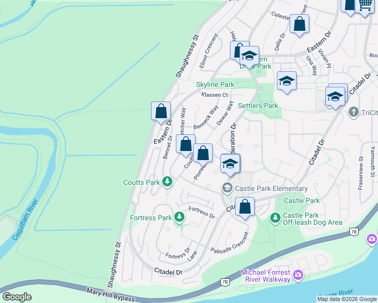map of restaurants, bars, coffee shops, grocery stores, and more near 1161 Coutts Way in Port Coquitlam
