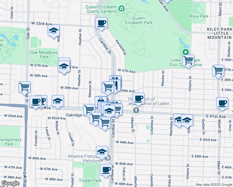map of restaurants, bars, coffee shops, grocery stores, and more near 5628 Cambie Street in Vancouver