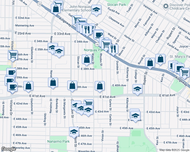 map of restaurants, bars, coffee shops, grocery stores, and more near 5470 Wales Street in Vancouver
