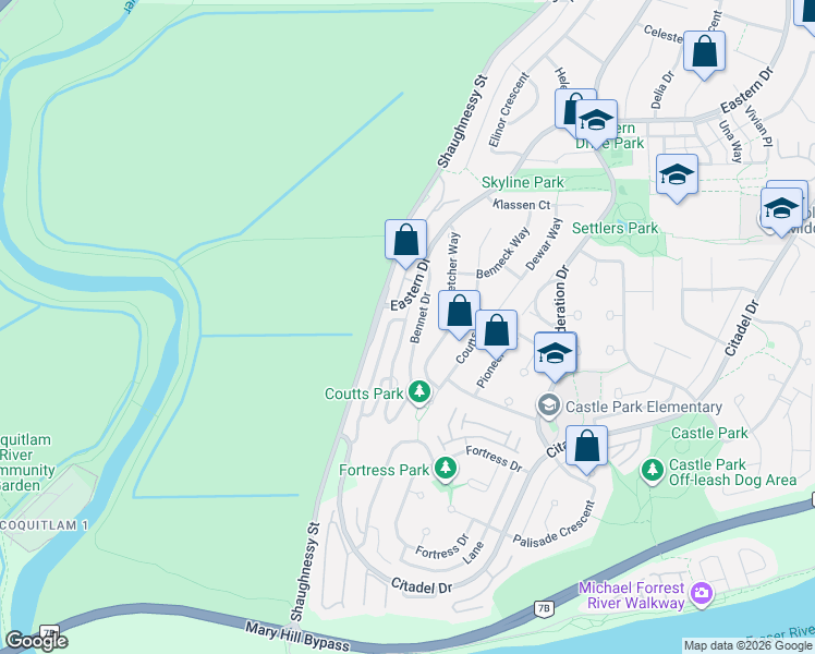 map of restaurants, bars, coffee shops, grocery stores, and more near 1144 Clerihue Road in Port Coquitlam