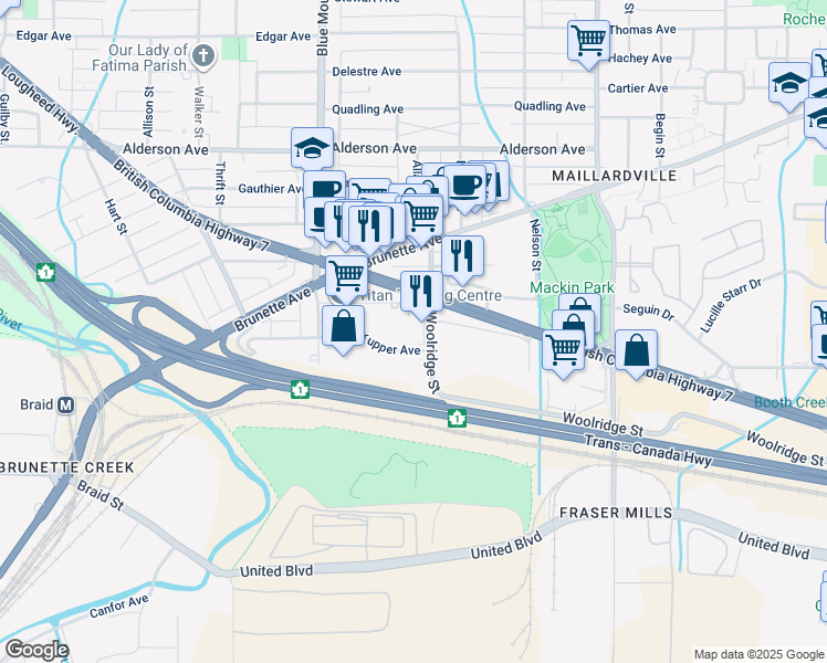 map of restaurants, bars, coffee shops, grocery stores, and more near 110 Woolridge Street in Coquitlam