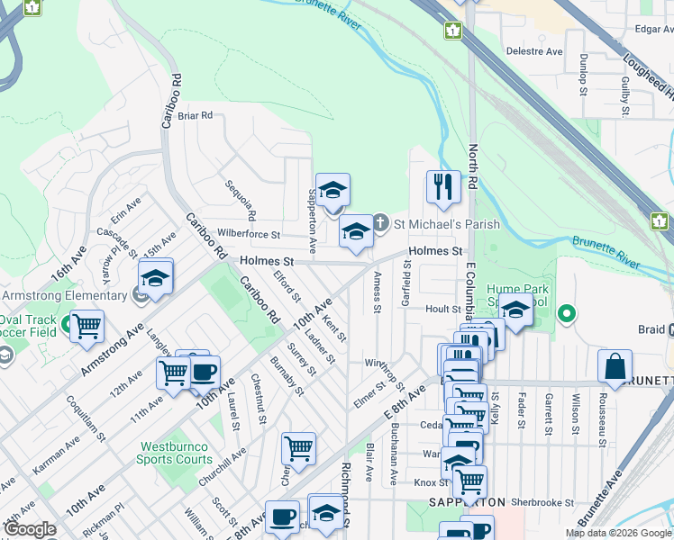 map of restaurants, bars, coffee shops, grocery stores, and more near 9260 Holmes Street in Burnaby