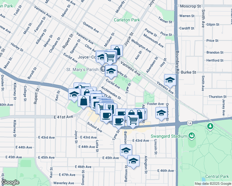 map of restaurants, bars, coffee shops, grocery stores, and more near 3425 Archimedes Street in Vancouver